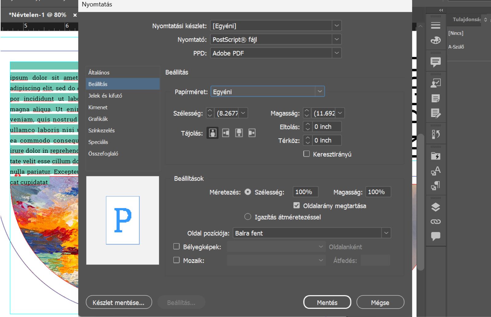 Nyomtatás párbeszédpanel, amely a PostScript File nyomtatót, az Adobe PDF 9.0 PPD-t, az egyéni papírméretet, a 2 hüvelykes eltolást, az 1 hüvelykes távolságot és az előnézetet mutatja.