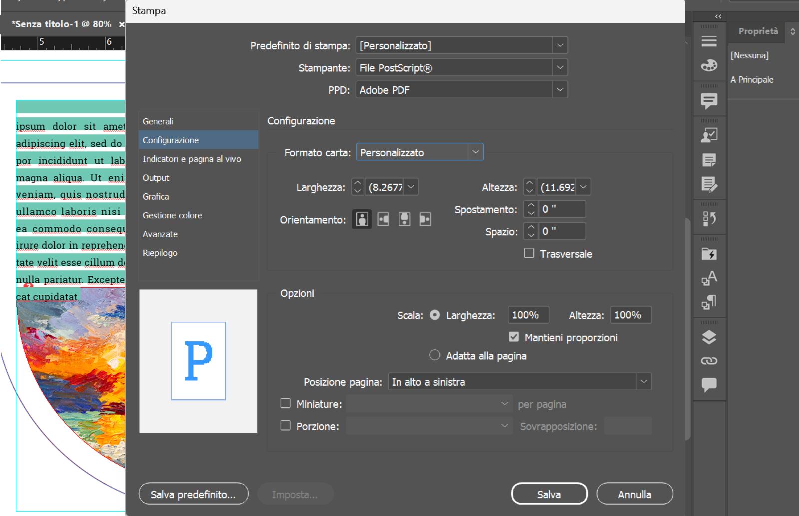 Finestra di dialogo Stampa che mostra la stampante PostScript® File, PPD Adobe PDF 9.0, formato carta Personalizzato, Scostamento di 2 pollici, Spazio di 1 pollice e l'anteprima.