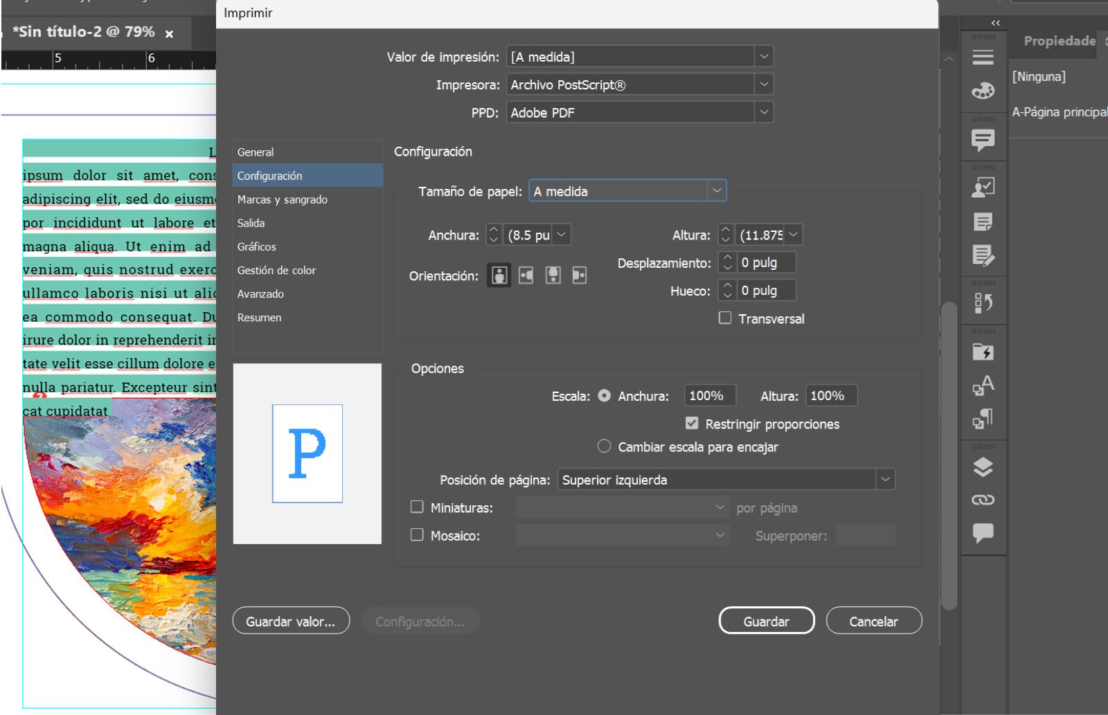 Cuadro de diálogo Imprimir que muestra la impresora Archivo PostScript®, PPD Adobe PDF 9.0, tamaño de papel Personalizado, Desplazamiento de 2 pulg, Espacio de 1 pulg y la vista previa.