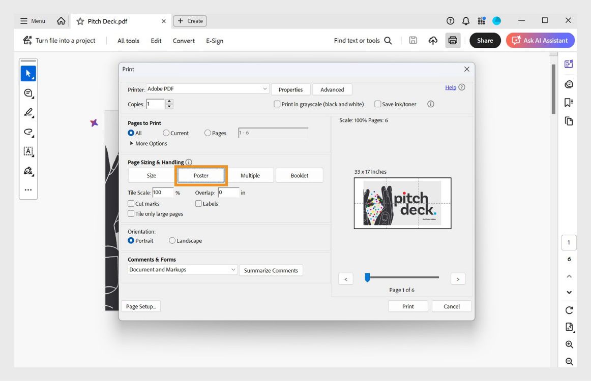Okno dialogowe drukowania w programie Acrobat z wybraną opcją Plakat do podziału szerokiego pliku PDF na wiele stron do drukowania wielkoformatowego.