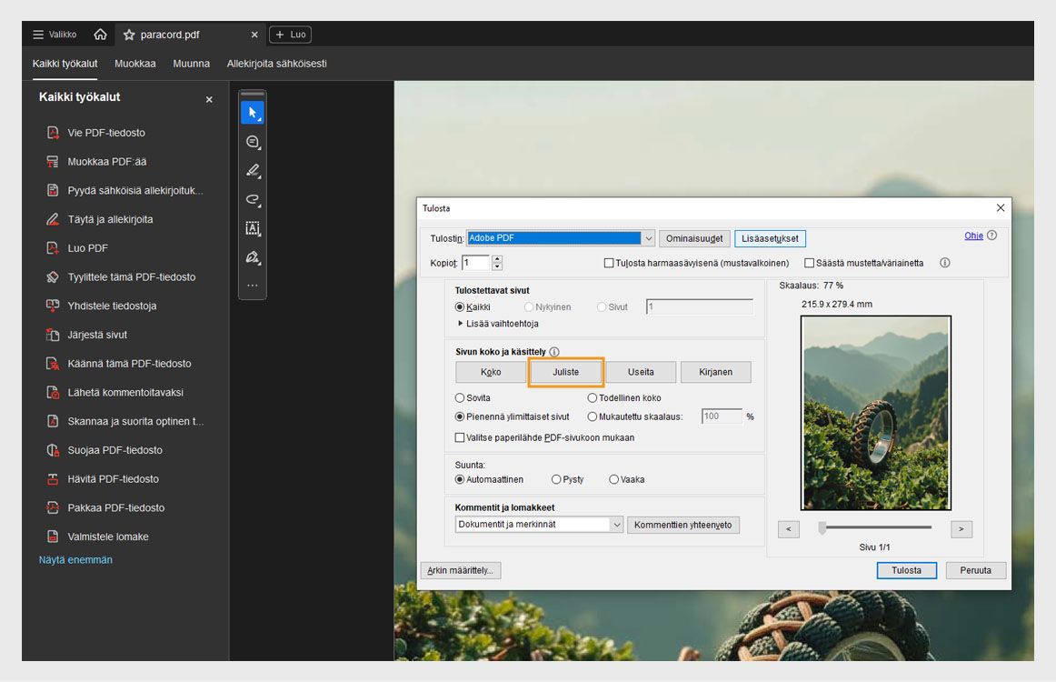 Acrobatin tulostusvalintaikkuna, jossa Juliste-vaihtoehto on valittuna PDF-tiedoston jakamiseksi useille sivuille suurkokotulostusta varten.