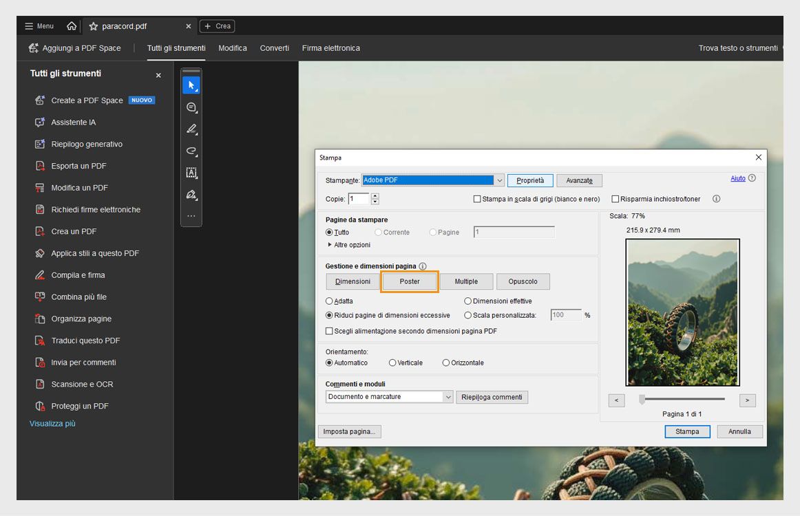Finestra di dialogo di stampa in Acrobat con l’opzione Poster selezionata per suddividere un PDF largo su più pagine per la stampa in formato grande.
