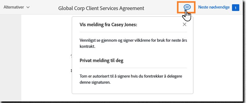 E-signeringssiden med meldingsikonet valgt og sidene for meldinger og private meldinger vises.