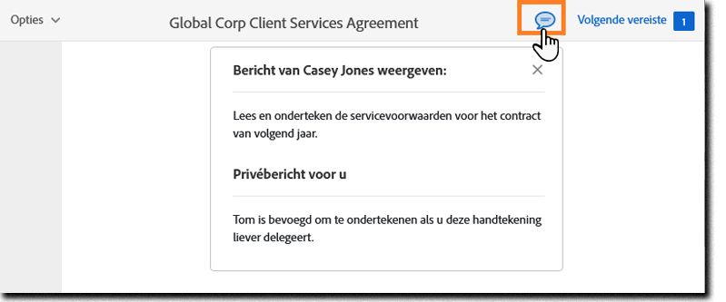 De pagina voor elektronische ondertekening met het pictogram Bericht gemarkeerd en het bericht en het privébericht zichtbaar.