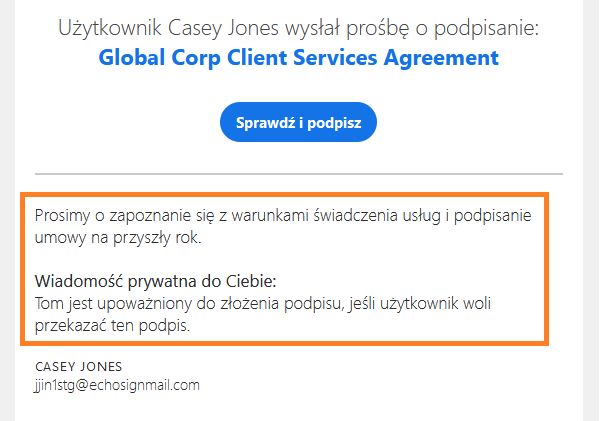 Wiadomość e-mail „Sprawdź i podpisz” z podświetleniem wiadomości i wiadomości prywatnej.