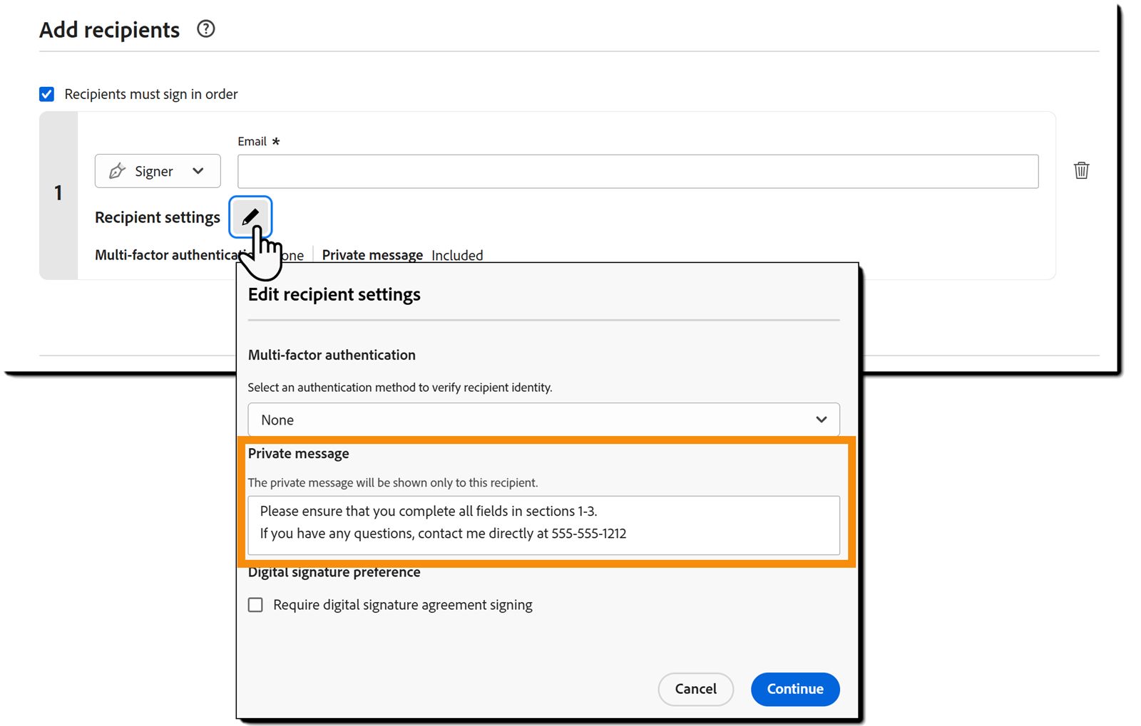 El panel Configuración del destinatario resaltando el campo de mensaje privado.