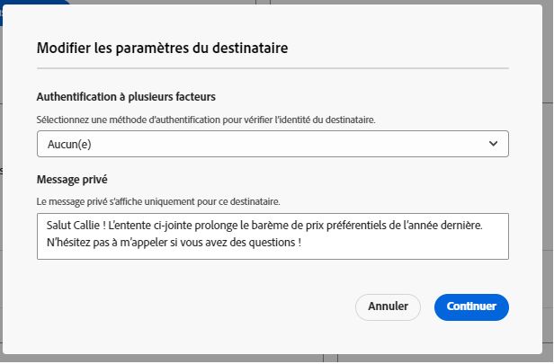 Page de l’option « Paramètres du destinataire » ouverte avec le paramètre « Message privé » développé