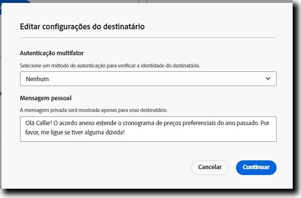 A opção “Configurações do destinatário” aberta com a “Mensagem privada” expandida