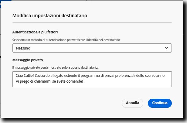 Opzione “Impostazioni destinatario” aperta con “Messaggio privato” espanso