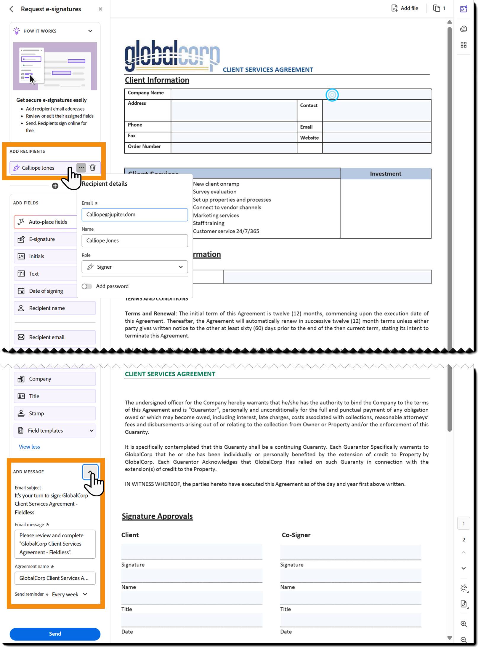 Page de composition mettant en évidence les champs de saisie Destinataire et Message