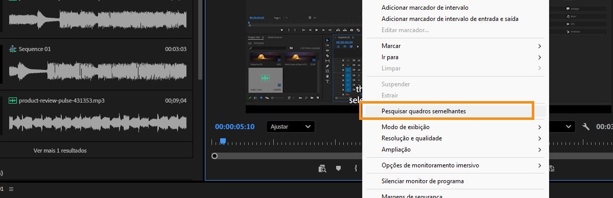 “Monitor de programa” no Premiere, mostrando o menu do botão direito com “Pesquisar quadros semelhantes” selecionado e os resultados de tomadas semelhantes exibidos no painel “Pesquisar”.