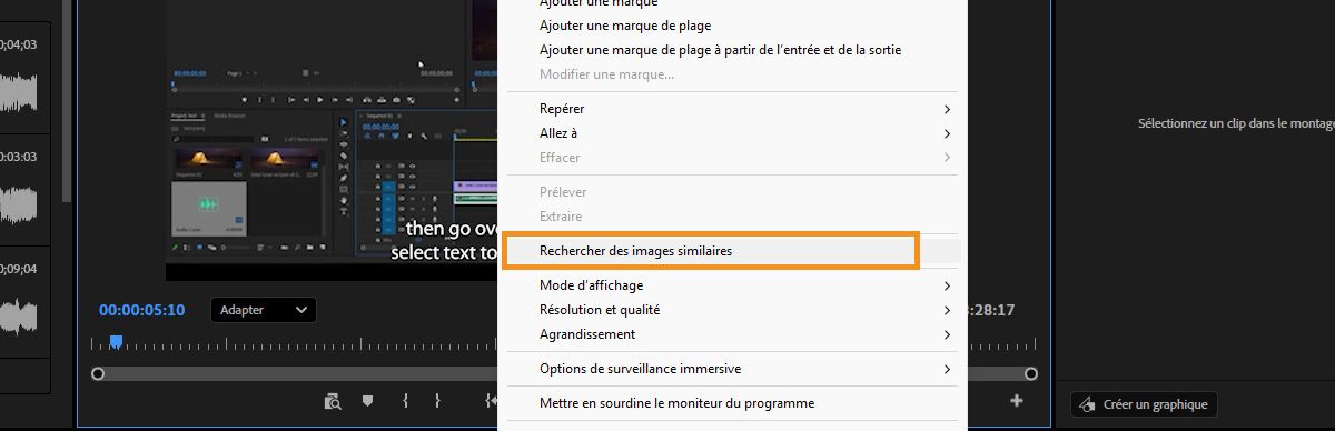 Moniteur du programme de Premiere montrant le menu du clic droit avec la sélection de l’option Rechercher des images similaires, ainsi que l’affichage des résultats de prises similaires dans le panneau de recherche