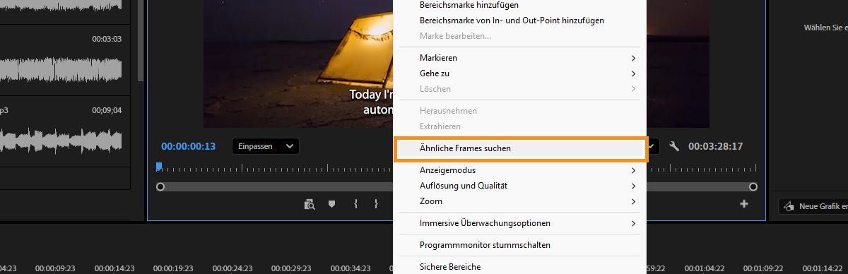 Der Programmmonitor in Premiere mit Kontextmenü und ausgewählter Option „Ähnliche Frames suchen“ und ähnlichen Aufnahmeergebnissen im Bedienfeld „Suchen“.
