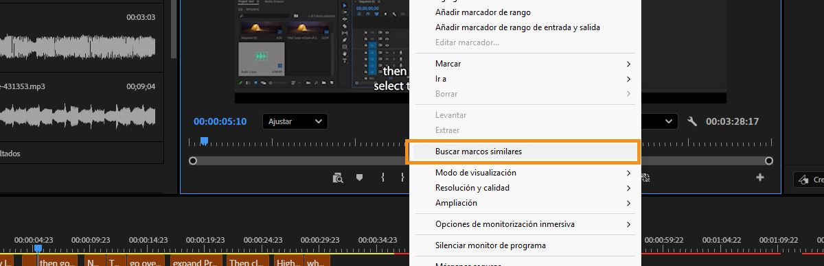 Program Monitor en Premiere mostrando el menú de clic derecho con Search Similar Frames seleccionado y los resultados de tomas similares mostrados en el panel Search.