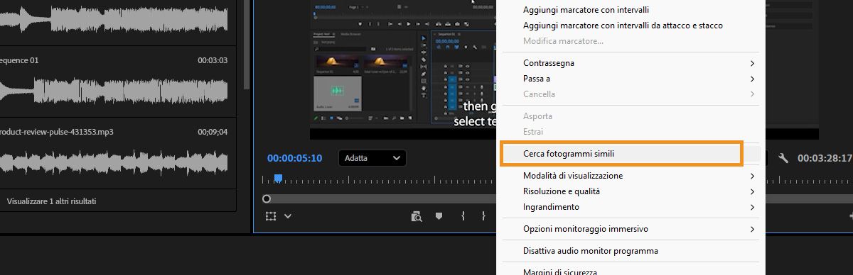 Program Monitor in Premiere che mostra il menu del tasto destro con Search Similar Frames selezionato e i risultati delle riprese simili visualizzati nel pannello di ricerca.