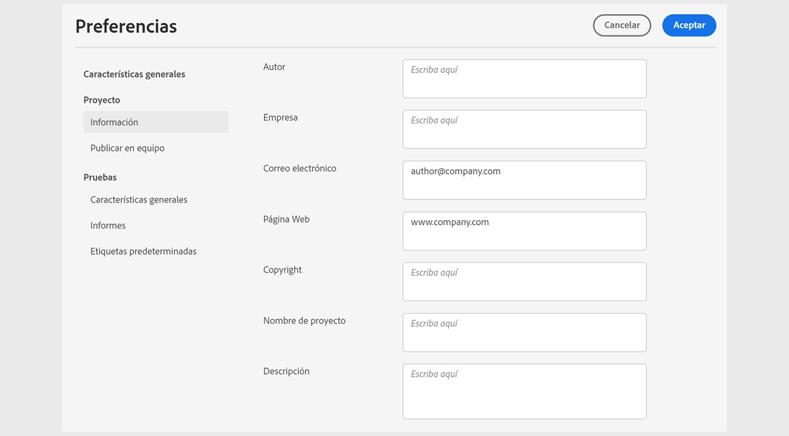Información de preferencias del proyecto