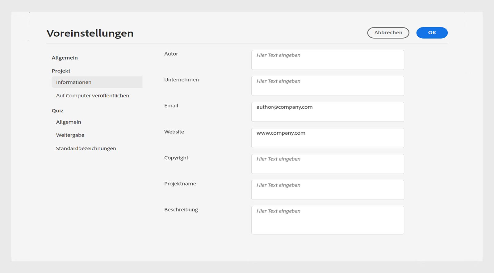 Informationen zu den Projektvoreinstellungen