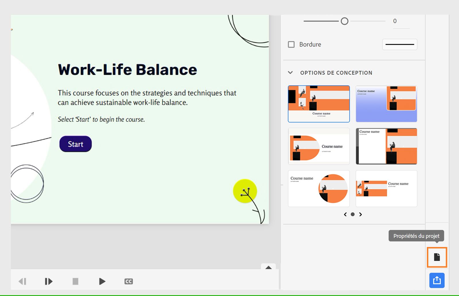 Sélection de l’option Propriétés du projet pour renommer un paramètre prédéfini