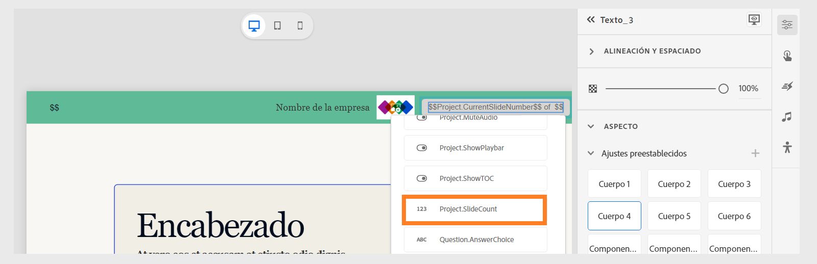 Usar la variable de número de diapositivas del proyecto para mostrar el número de diapositiva actual