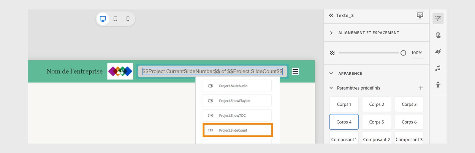 Utilisation de la variable du nombre de diapositives du projet pour afficher le numéro de la diapositive en cours