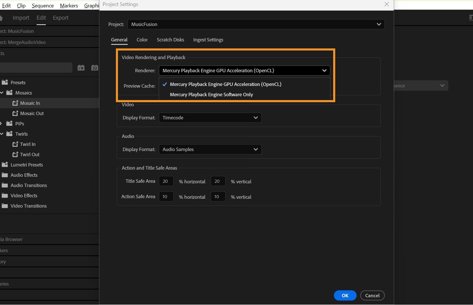 El cuadro de diálogo Configuración del proyecto está abierto y en la sección Renderizado y reproducción de vídeo, en el menú desplegable Procesador, está seleccionada la opción Aceleración GPU de Mercury Playback Engine (OpenCL).