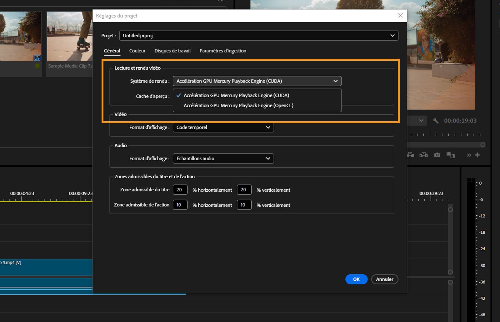 La boîte de dialogue Paramètres du projet est ouverte et dans la section Lecture et rendu vidéo, dans le menu déroulant Moteur de rendu, l’option Accélération par le GPU du Mercury Playback Engine (OpenCL) est sélectionnée.