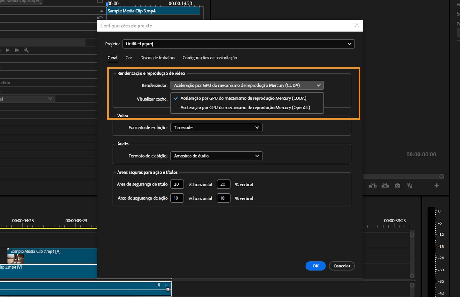 A caixa de diálogo Configurações do projeto está aberta e na seção Renderização e reprodução de vídeo, no menu suspenso Renderizador, a opção Aceleração de GPU do Mercury Playback Engine (OpenCL) está selecionada.