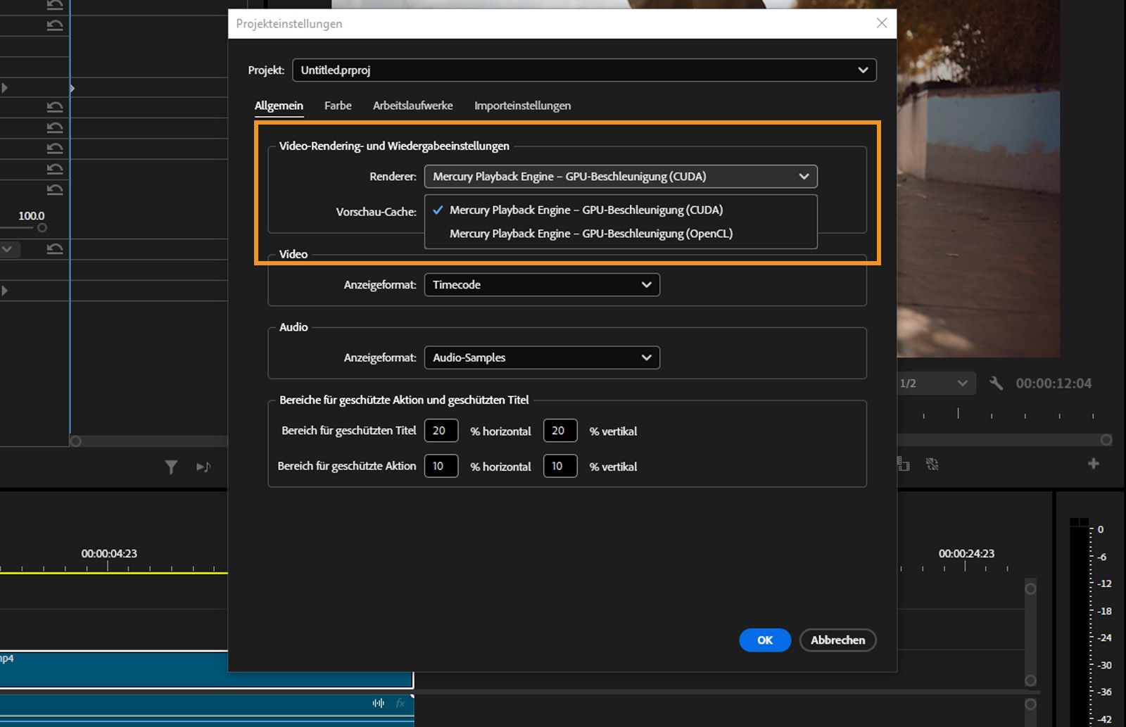 Das Dialogfeld „Projekteinstellungen“ ist geöffnet und im Abschnitt „Videorendering und -wiedergabe“ ist im Dropdown-Menü „Renderer“ die Option „Mercury Playback Engine GPU-Beschleunigung (OpenCL)“ ausgewählt.