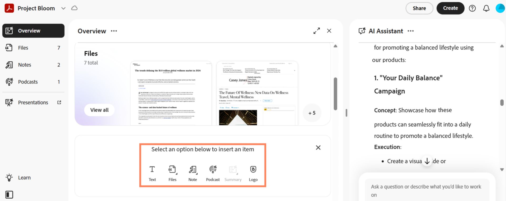 Project overview na nagpapakita ng mga file sa workspace at insert menu na may mga opsyon tulad ng text, mga file, note, podcast, at buod, kasama ang AI Assistant panel.