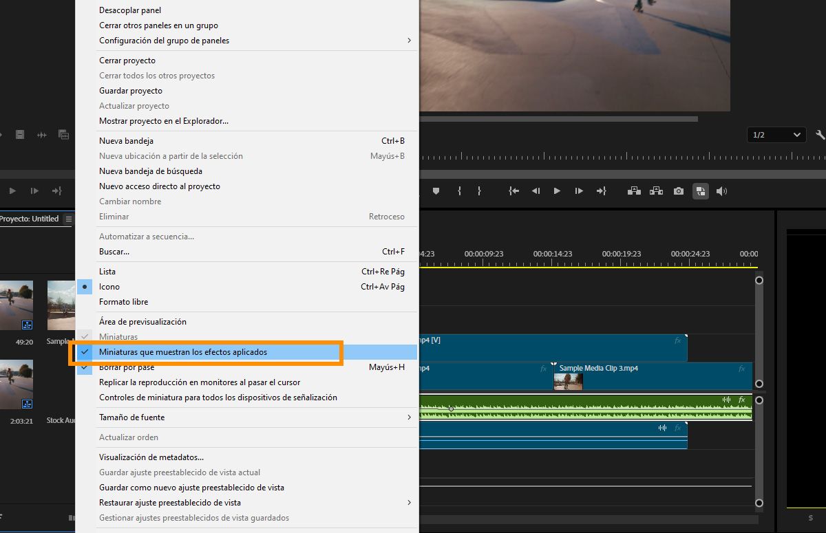 Menú contextual del panel Project con la opción "Thumbnails show effects applied" resaltada para administrar la Visibilidad de previsualización de clips.