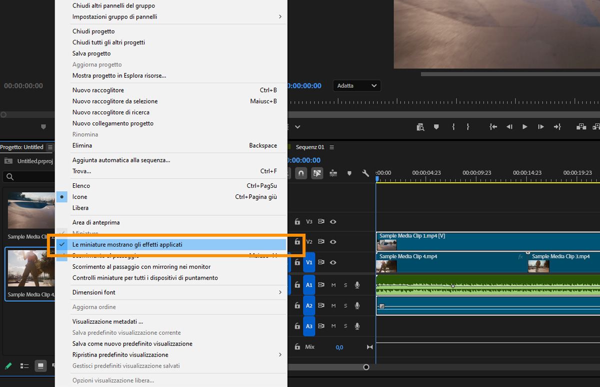 Menu contestuale del pannello Progetto con l'opzione "Le miniature mostrano gli effetti applicati" evidenziata per gestire la visibilità dell'anteprima delle clip.
