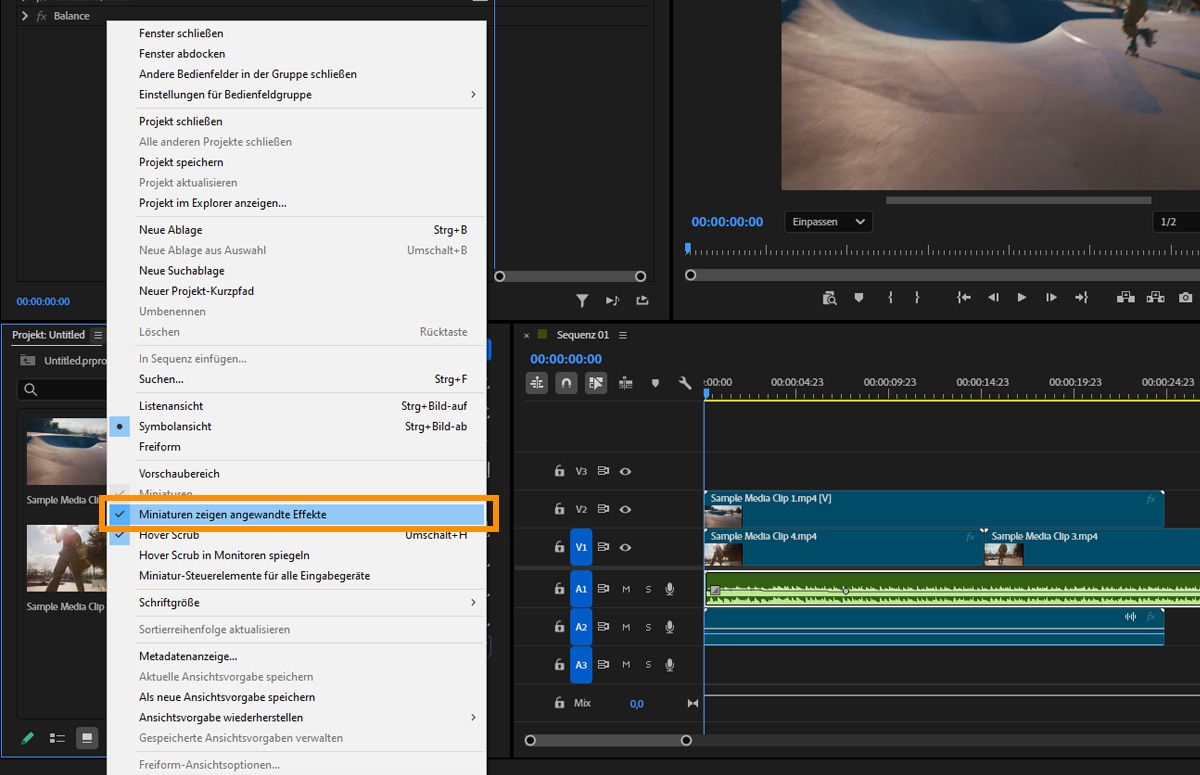 Kontextmenü des Projekt-Bedienfelds mit der hervorgehobenen Option „Miniaturen zeigen angewendete Effekte“ zur Verwaltung der Clip-Vorschau-Sichtbarkeit.