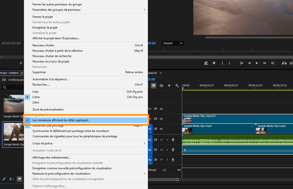 Menu contextuel du panneau Projet avec l'option « Les miniatures affichent les effets appliqués » mise en surbrillance pour gérer la visibilité de l'aperçu des clips.