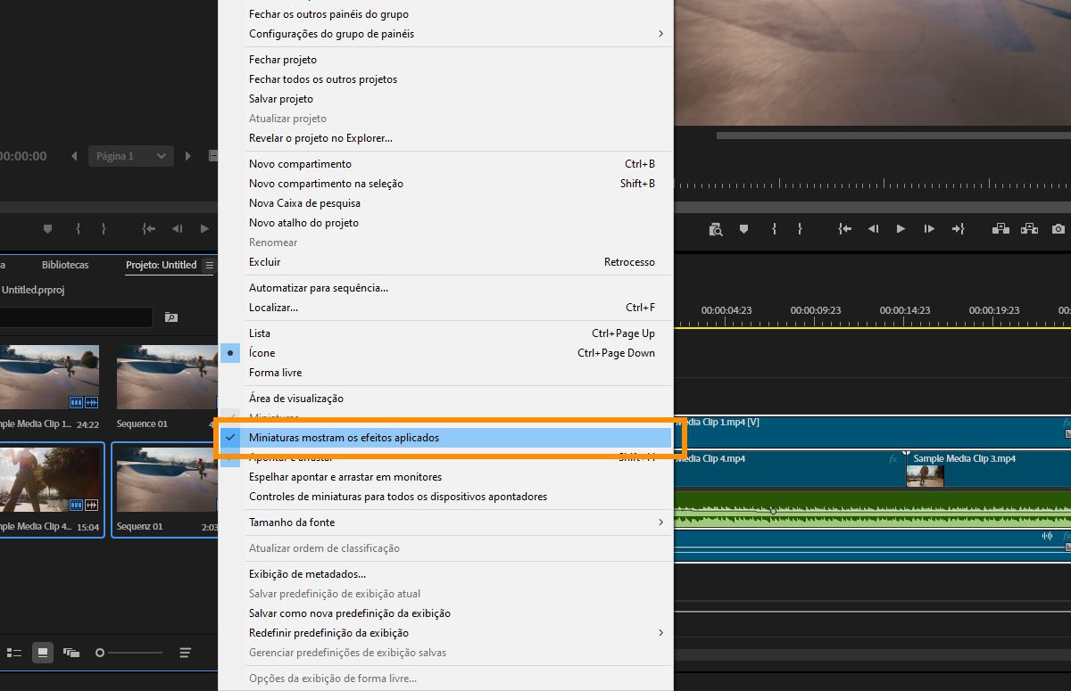 Menu de contexto do painel Projeto com a opção "Miniaturas mostram os efeitos aplicados" destacada para gerenciar a visibilidade de visualização de clipe.