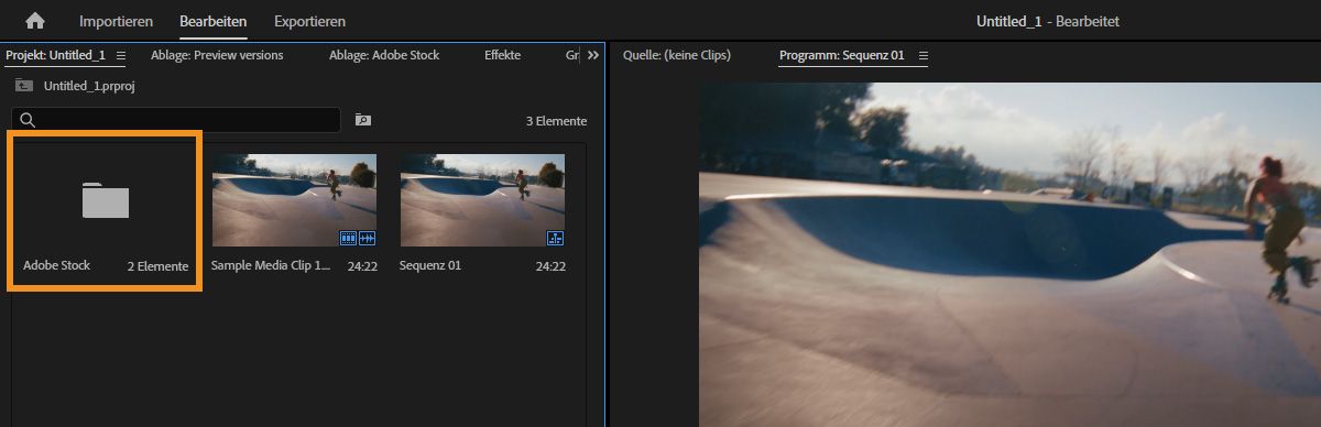 Projekt-Bedienfeld in Premiere mit einem Adobe Stock-Ordner mit lizenzierten Assets neben importierten Medien und Sequenzen.