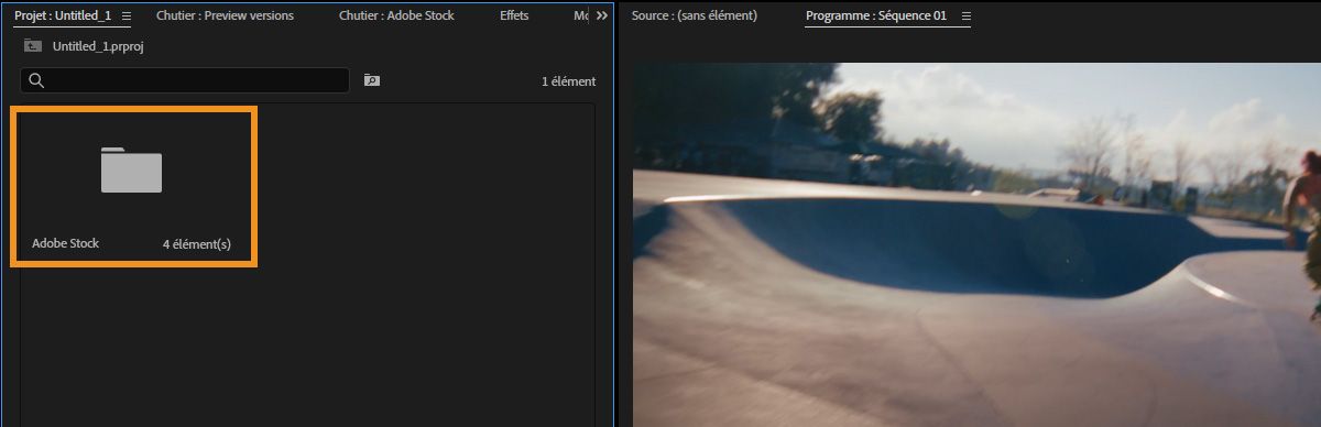Le panneau Projet dans Premiere affichant un dossier Adobe Stock avec des ressources sous licence aux côtés des médias et séquences importés.