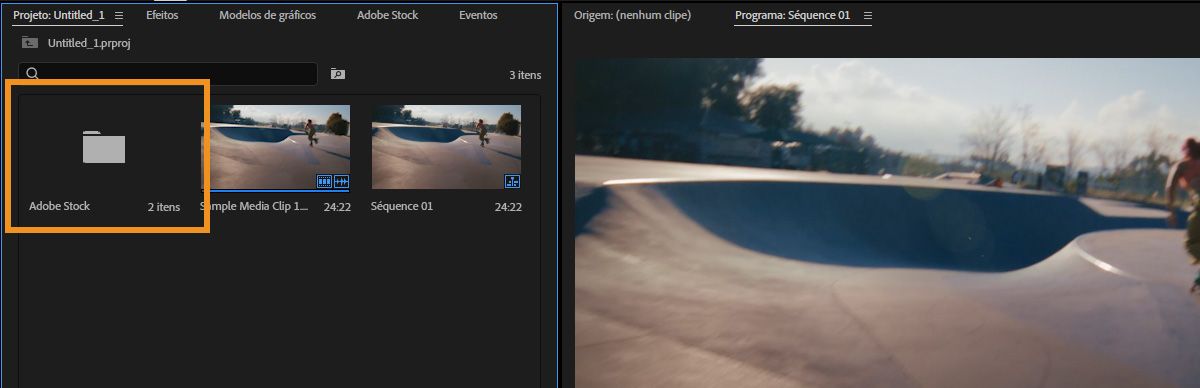 Painel de Projeto no Premiere mostrando uma pasta Adobe Stock com ativos licenciados junto com mídia importada e sequências.