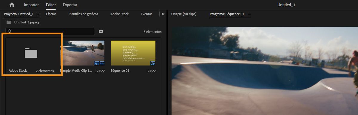 Panel de proyecto en Premiere mostrando una carpeta de Adobe Stock con activos con licencia junto con medios y secuencias importados.
