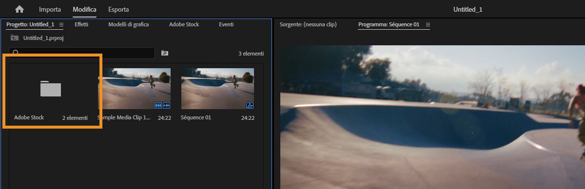 Pannello Progetto in Premiere che mostra una cartella Adobe Stock con risorse con licenza insieme a media e sequenze importati.