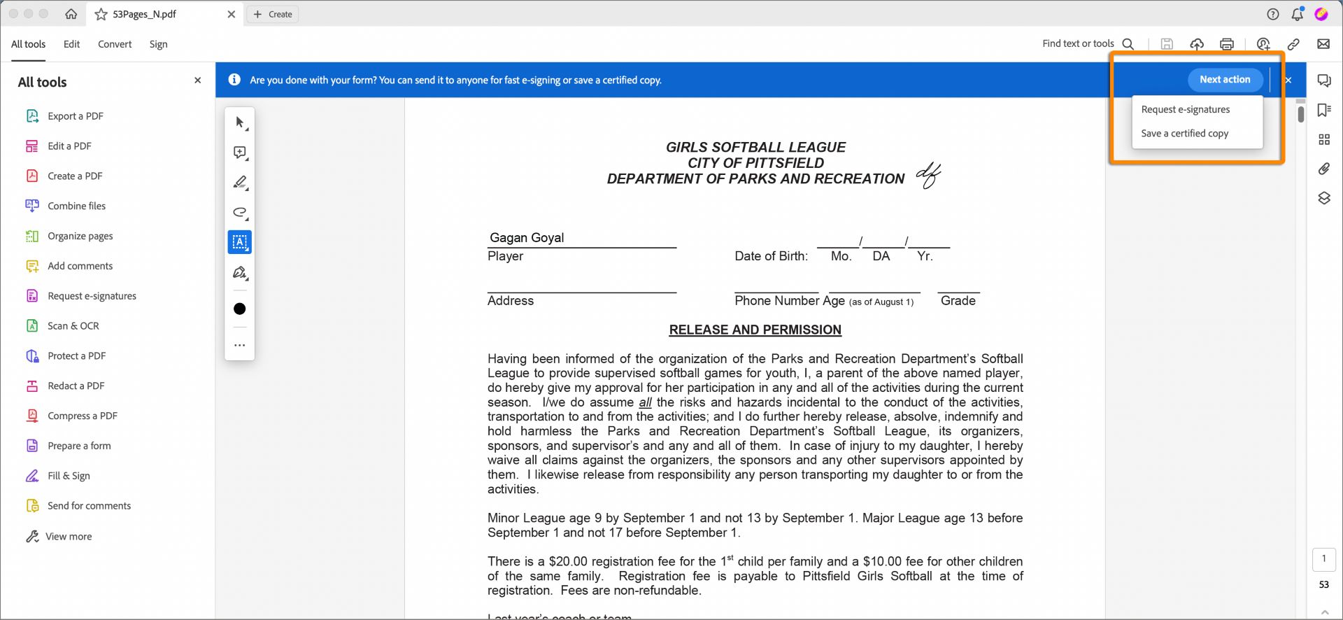 הודעה לביצוע הפעולה Request-esignatures‏ או save a certified copy‏ בעת מילוי של טופס PDF.