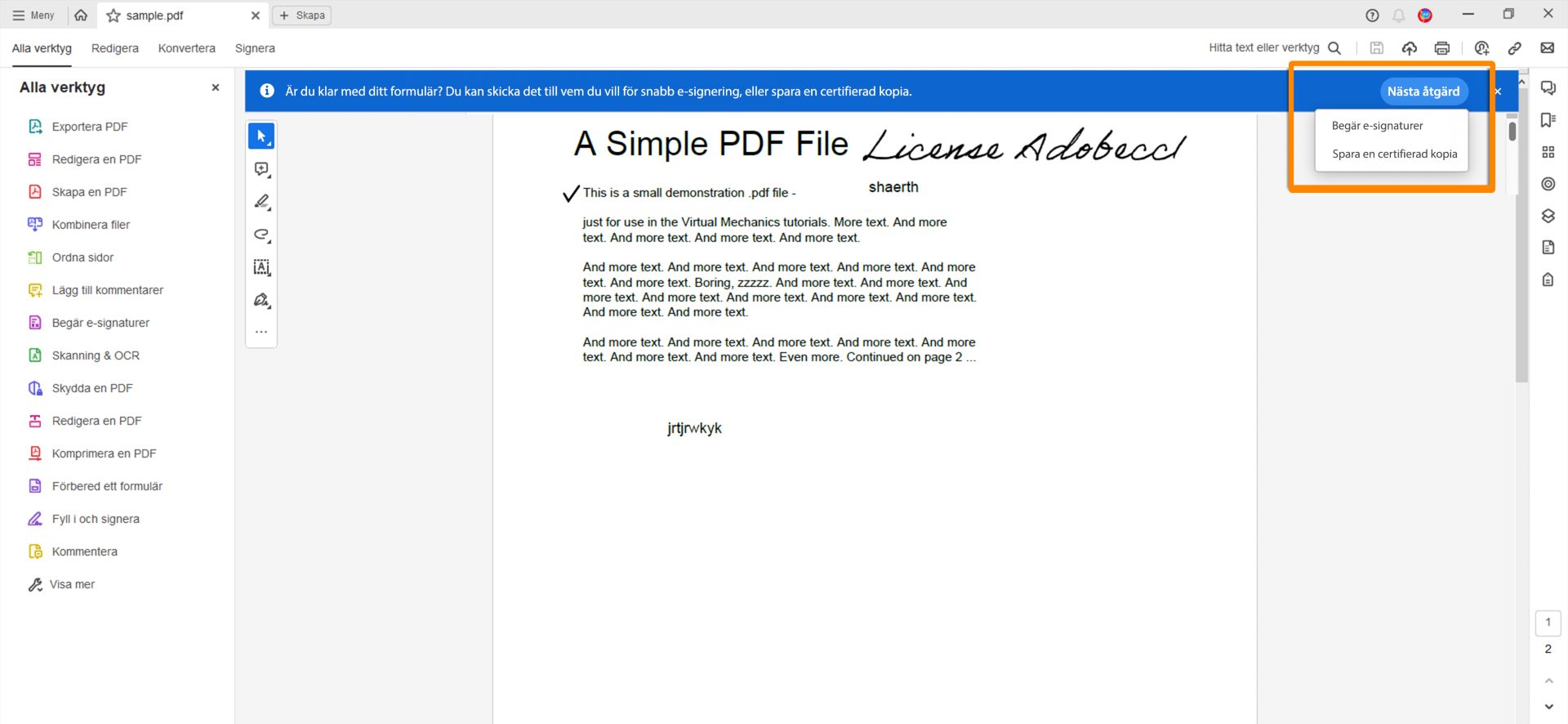 Begär e-signaturer eller spara en certifierad kopia när du fyller i ett PDF-formulär
