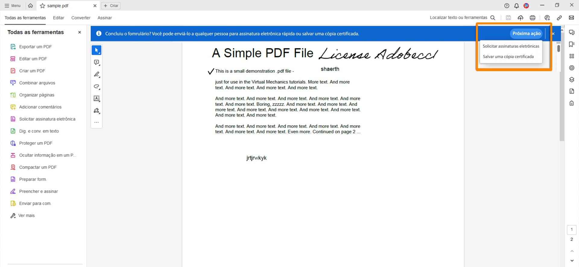 Aviso para solicitar assinaturas eletrônicas ou salvar uma cópia certificada ao preencher um formulário PDF