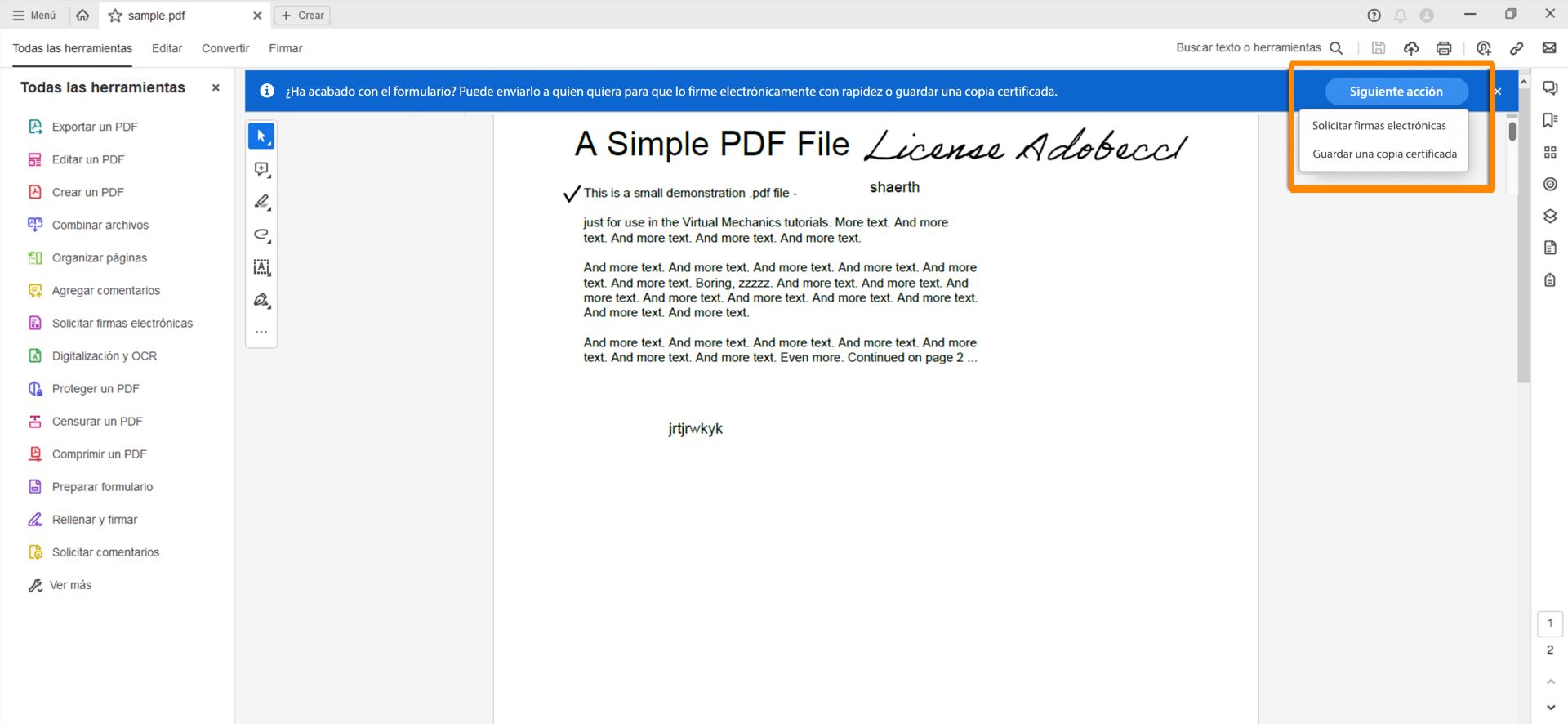 Solicitar firmas electrónicas o guardar una copia certificada al rellenar un formulario PDF