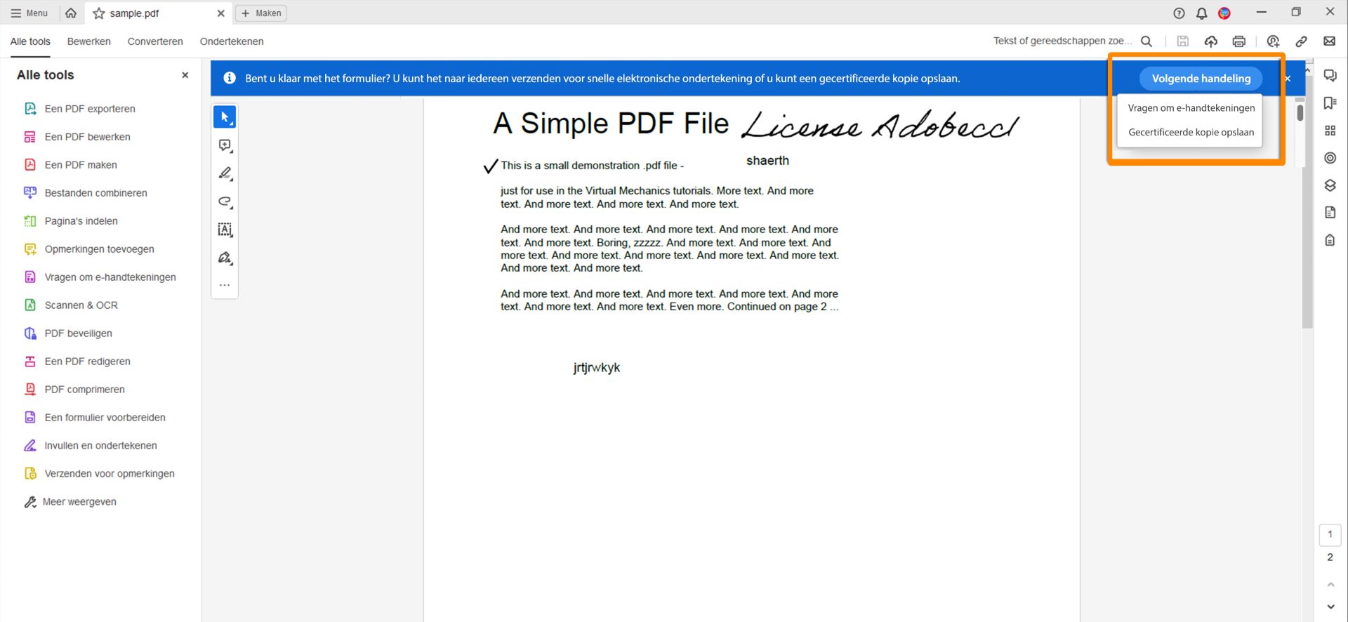 Ledetekst for Be om e-signaturer eller Lagre en sertifisert kopi ved utfylling av et PDF-skjema