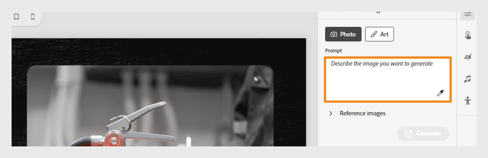 Text prompt field in Adobe Captivate's Generate image interface showing cursor ready for input