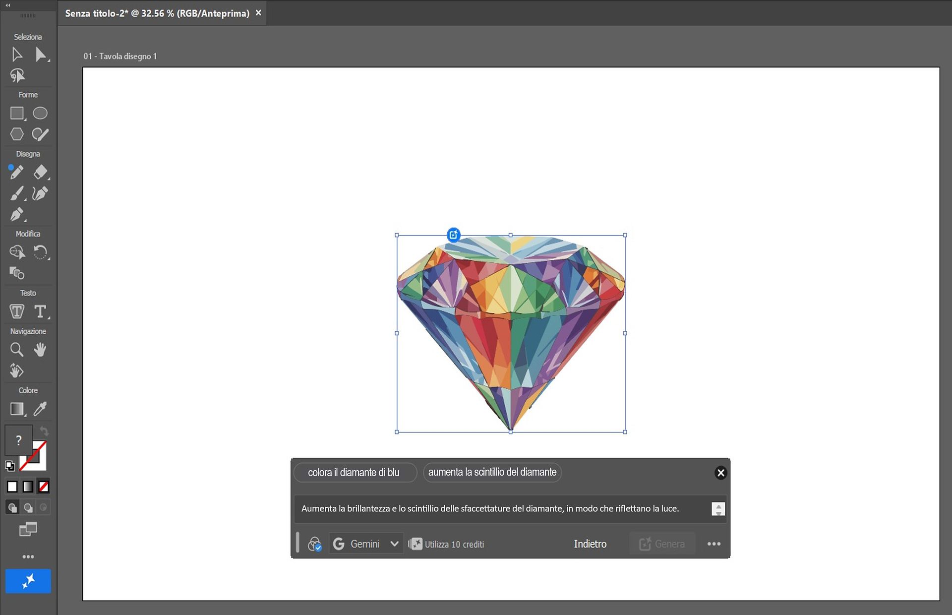 Campo Da prompt a modifica aperto per un'illustrazione selezionata in Illustrator.