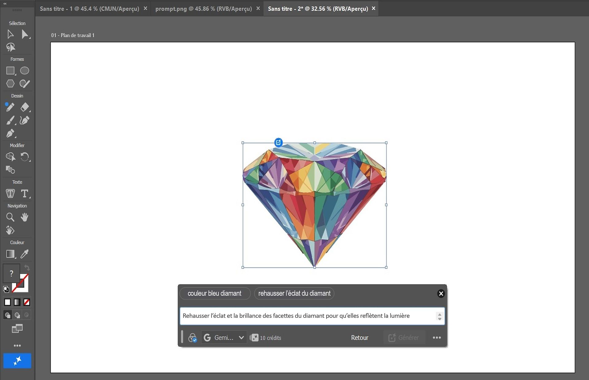 Champ « Du prompt à la modification » ouvert pour une illustration sélectionnée dans Illustrator.