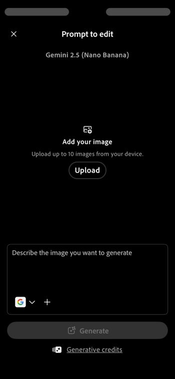 Firefly のプロンプトを使用して編集画面には、アップロードボタンとプロンプトダイアログボックスが表示されます。