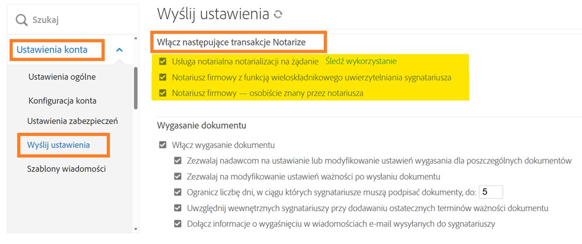 Strona Ustawienia wysyłania z podświetlonymi ustawieniami Proof