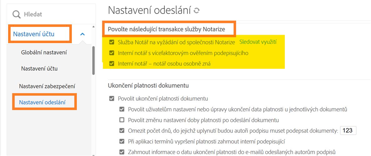 Stránka Nastavení odesílání se zvýrazněným nastavením služby Proof